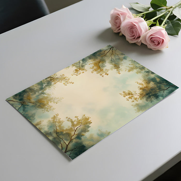 Woodland mural wallpaper featuring skyward view in a home office