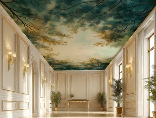 Forest canopy wallpaper installed behind a modern minimalist hall
