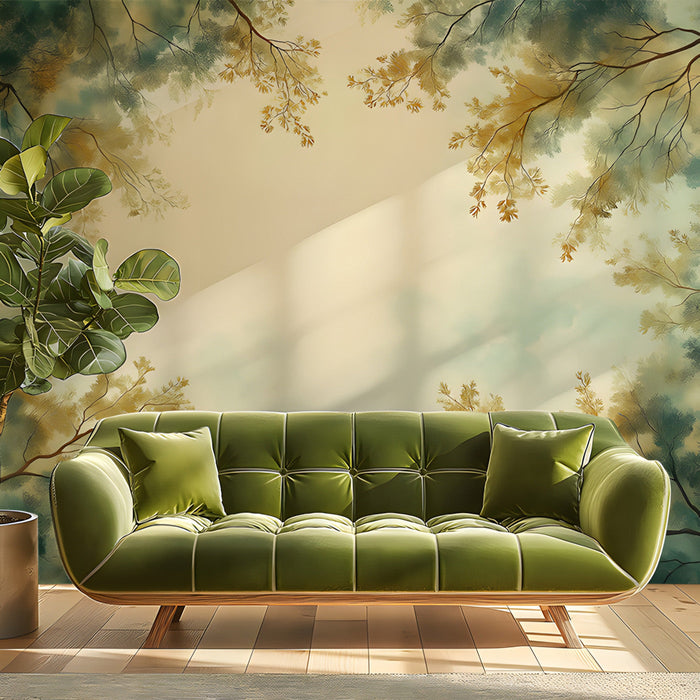 Nature-inspired wall mural in a bright and cozy entryway