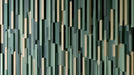 Abstract vertical 3D slatted wood pattern in sage green, forest, and cream tones