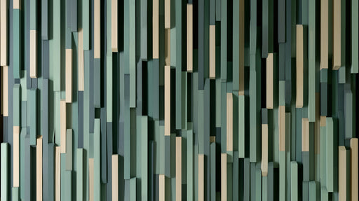 Abstract vertical 3D slatted wood pattern in sage green, forest, and cream tones