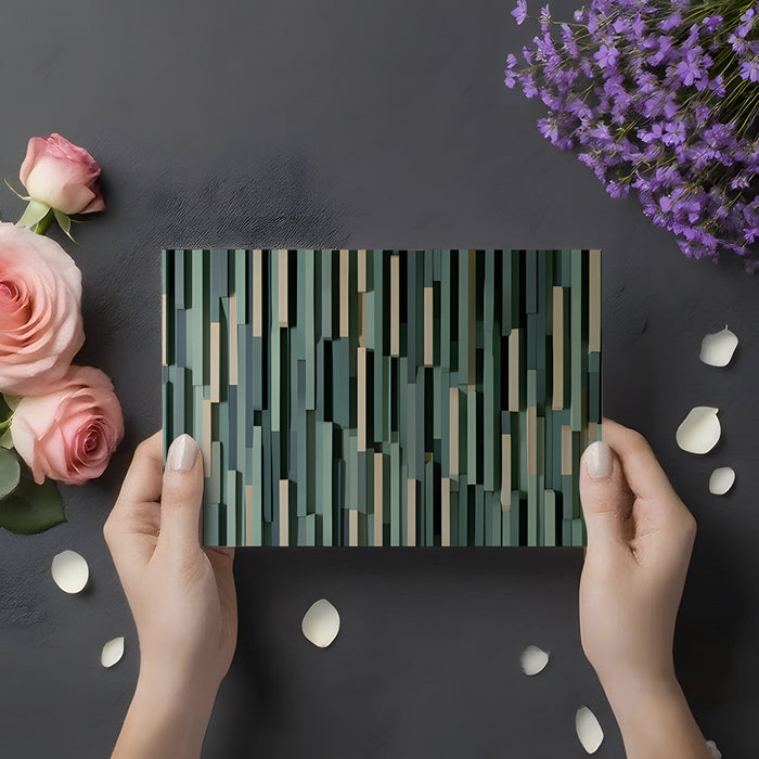 Minimalist dining room space with vertical sage green wood slat mural