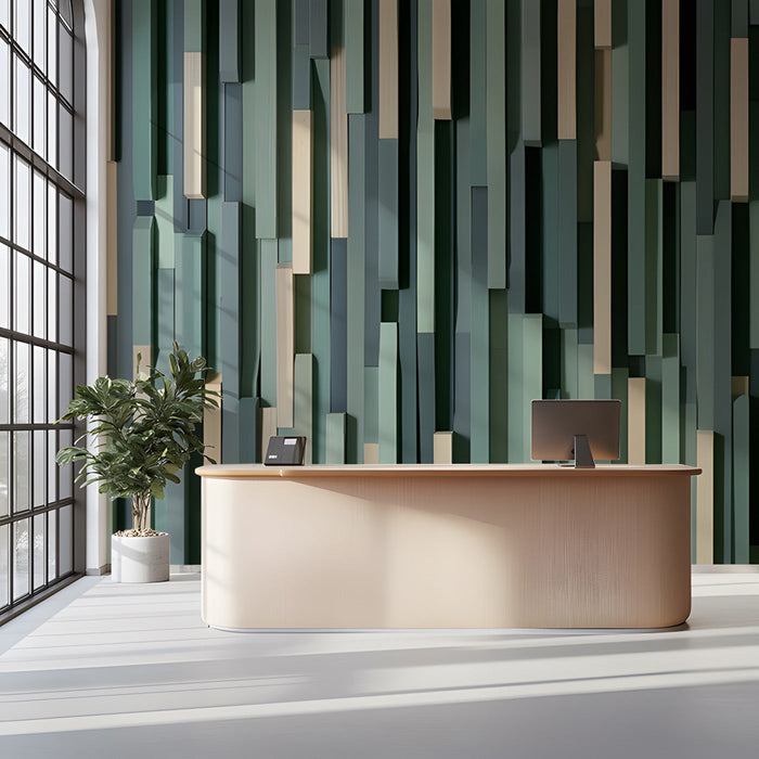 Modern living room featuring a vertical slatted green wood mural behind a sofa
