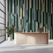 Modern living room featuring a vertical slatted green wood mural behind a sofa