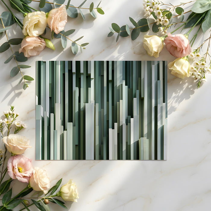 Minimalist bedroom interior featuring vertical slat wall mural