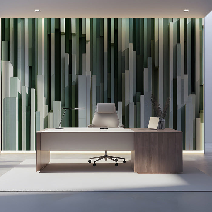Sophisticated office wall with linear green slat design