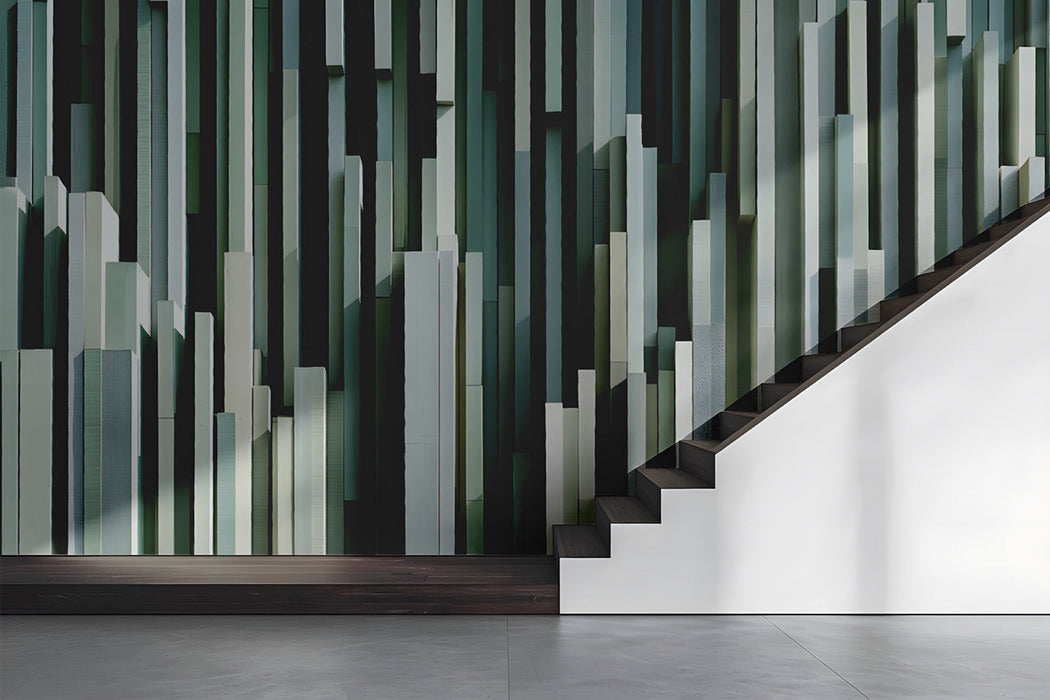 Modern entryway with sage green slat mural wallpaper