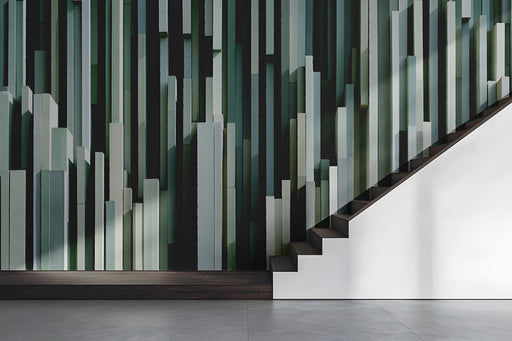 Modern entryway with sage green slat mural wallpaper
