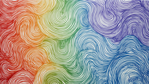Abstract rainbow line art mural with swirling fluid patterns in red orange green blue and violet