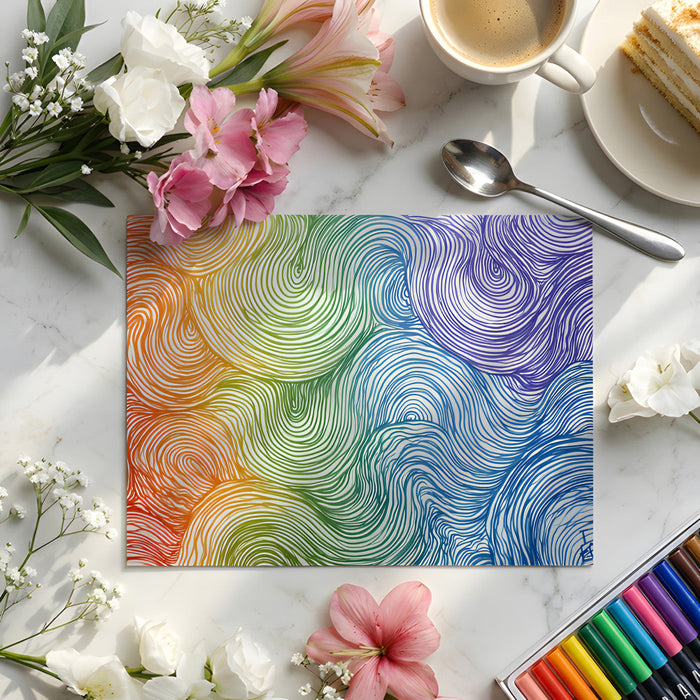 Playful nursery design with bright rainbow fluid lines adding movement to the room