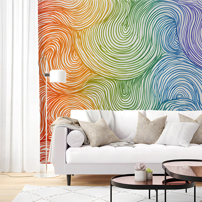 Modern living room featuring a vibrant rainbow swirl mural as a statement focal wall