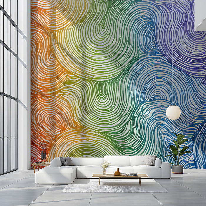 Creative hallway with colorful line art wallpaper behind a minimalist desk setup