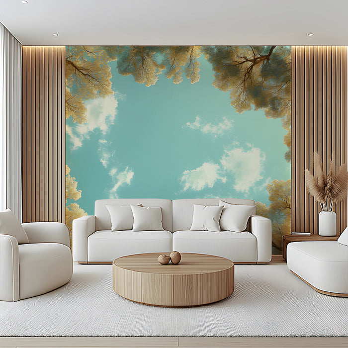 A home office space with a calming tree canopy ceiling mural and minimalist desk furniture.