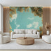 A home office space with a calming tree canopy ceiling mural and minimalist desk furniture.