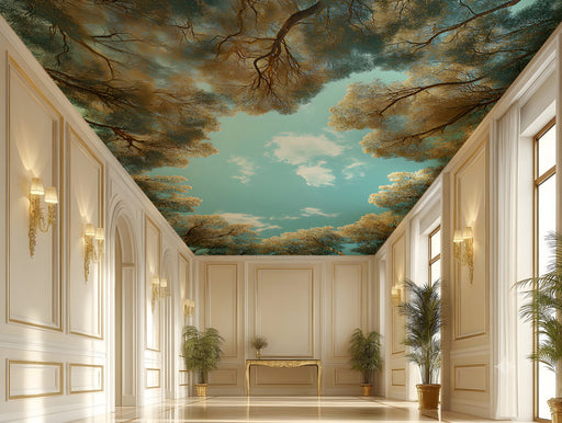 A plafond of entryway featuring an autumn canopy mural above the headboard with cream bedding.