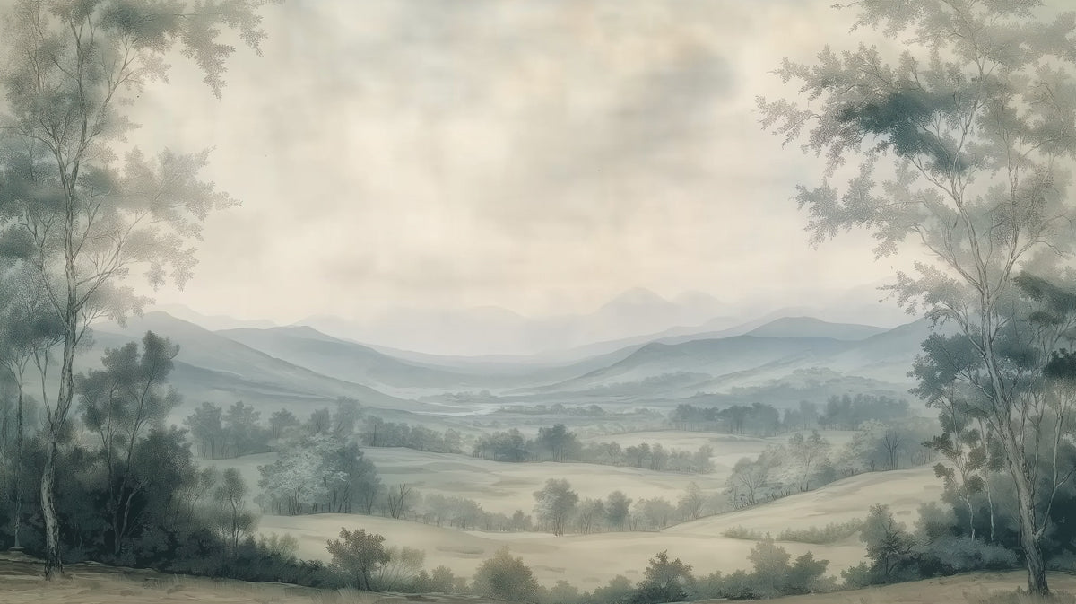 A soft, misty landscape mural featuring ink-wash trees, rolling hills, and distant mountains in sage and cream tones.