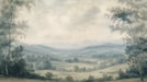 A soft, misty landscape mural featuring ink-wash trees, rolling hills, and distant mountains in sage and cream tones.