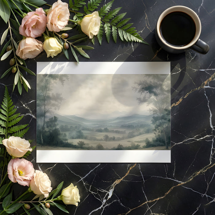 A home office workspace featuring a calming misty valley mural as a backdrop for a minimalist desk.