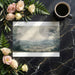 A home office workspace featuring a calming misty valley mural as a backdrop for a minimalist desk.