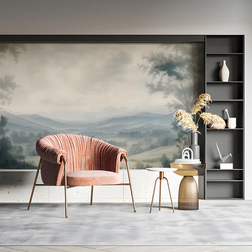 A quiet reading room with a vintage-style landscape wallpaper creating a sense of depth and tranquility.