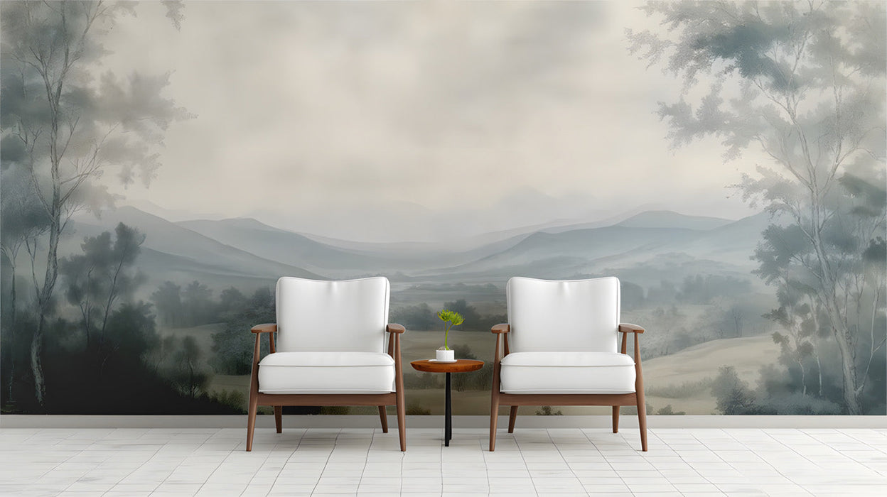 A serene entryway feature wall with a misty landscape mural behind a neutral upholstered bed.