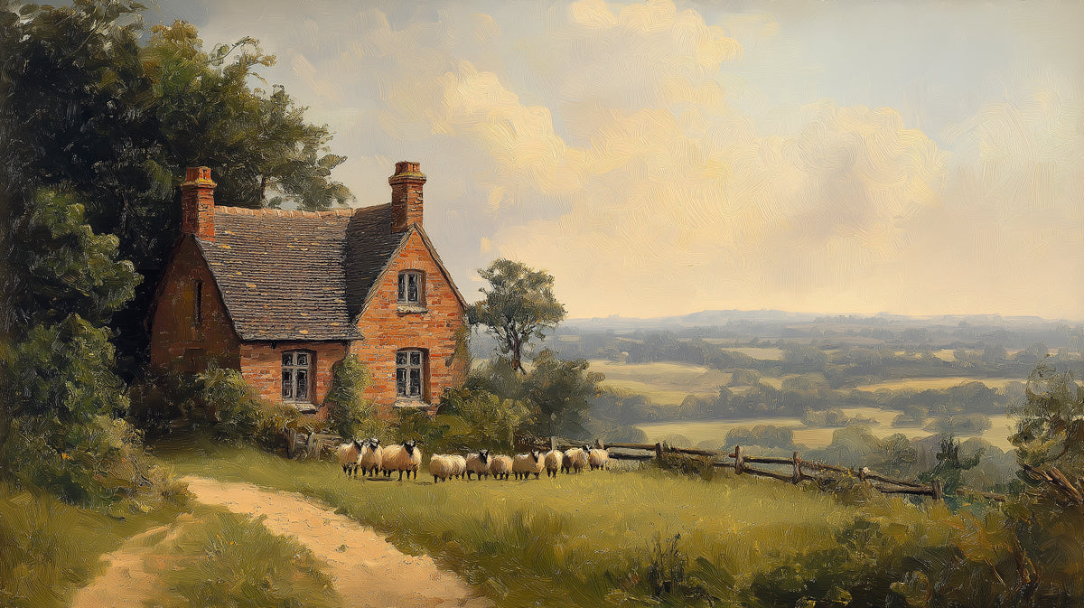 Oil painting style mural featuring an English brick cottage with sheep in a grassy field