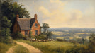 Oil painting style mural featuring an English brick cottage with sheep in a grassy field