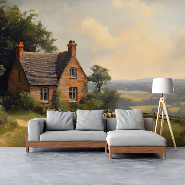 Traditional study featuring a pastoral cottage mural behind a velvet sofa