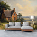 Traditional study featuring a pastoral cottage mural behind a velvet sofa