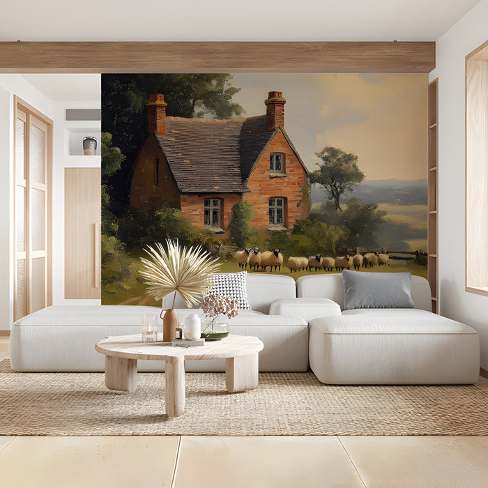 Cozy living room wall mural depicting a peaceful English countryside landscape