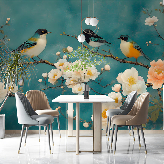 A bright, airy dining room showcasing the painterly peony mural on a feature wall behind a desk.