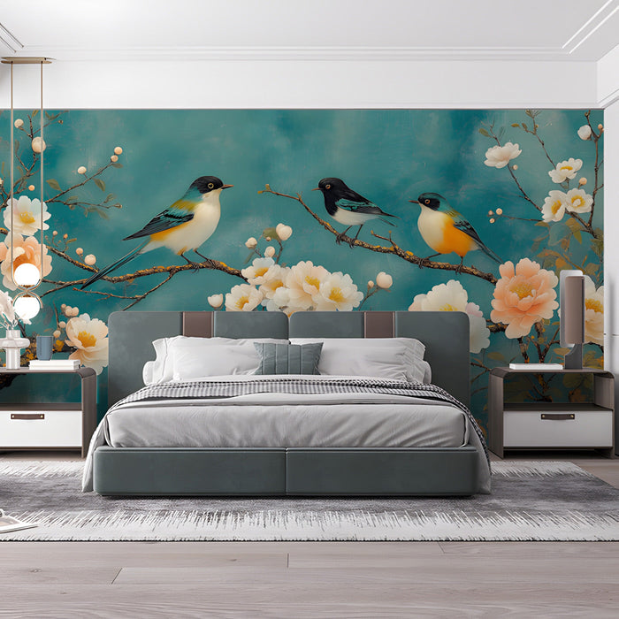 A cozy bedroom featuring the bird and floral wallpaper mural as a soft artistic backdrop.
