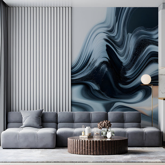 Luxury living room interior showing a flowing ink-style mural behind a platform bed