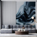 Luxury living room interior showing a flowing ink-style mural behind a platform bed