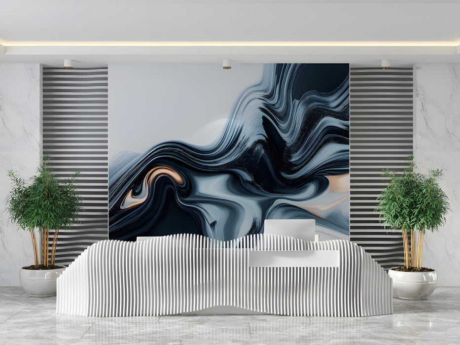 Modern reception featuring a fluid marble charcoal feature wall behind a beige sofa
