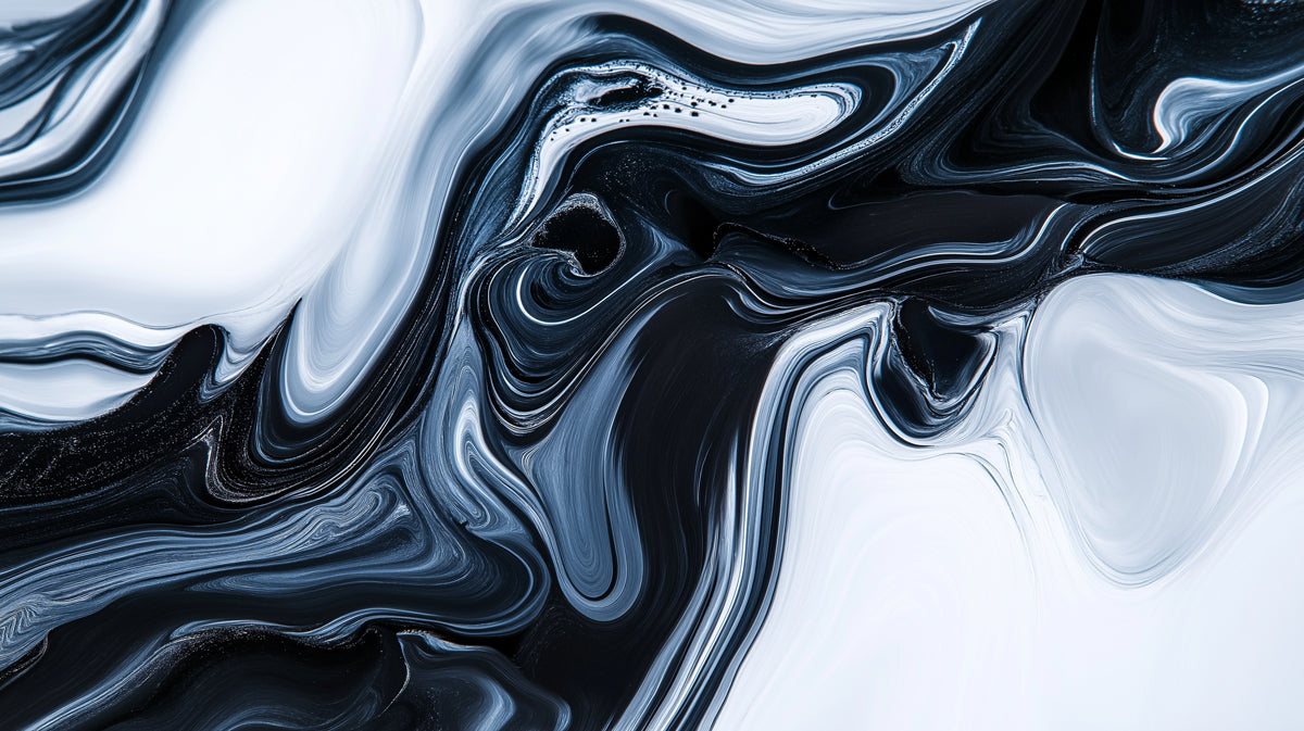 Abstract liquid marble wallpaper pattern in ink black, charcoal, and white swirling waves