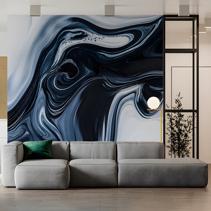 Modern commercial space wall featuring a monochrome fluid marble mural behind a gray sofa