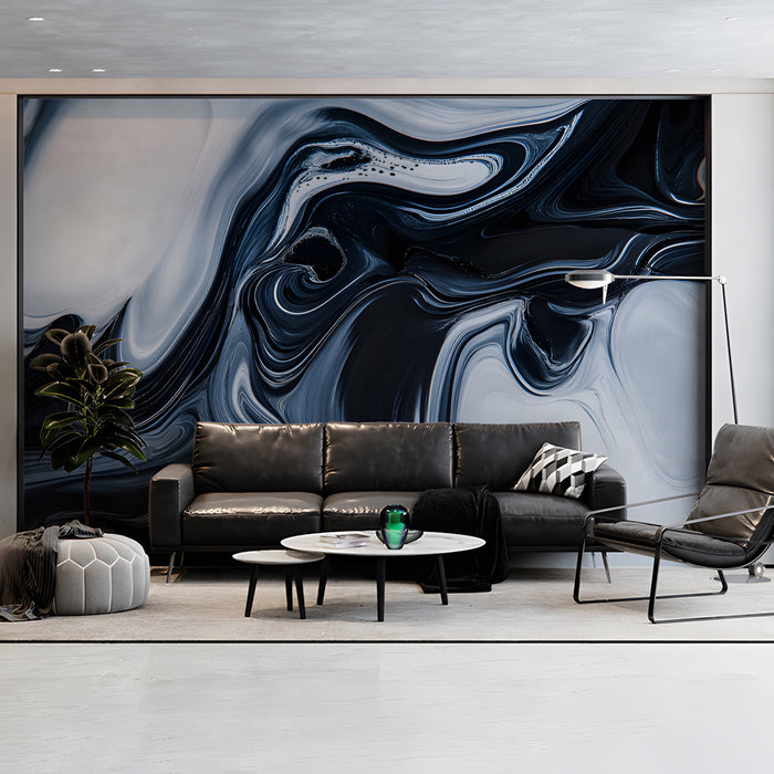 Sophisticated living room with liquid ink effect wallpaper and minimalist furniture