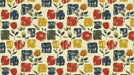 Abstract floral pattern featuring navy, terracotta, and ochre square brushstrokes and simple plant motifs.