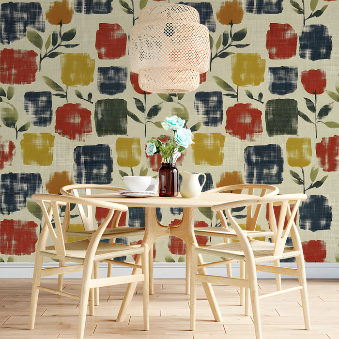An eclectic dining room with the ochre and navy floral mural adding a vibrant artistic layer.