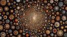 Close up of celestial star and planet mural with ochre, copper, and charcoal tones.