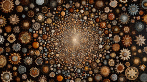 Close up of celestial star and planet mural with ochre, copper, and charcoal tones.