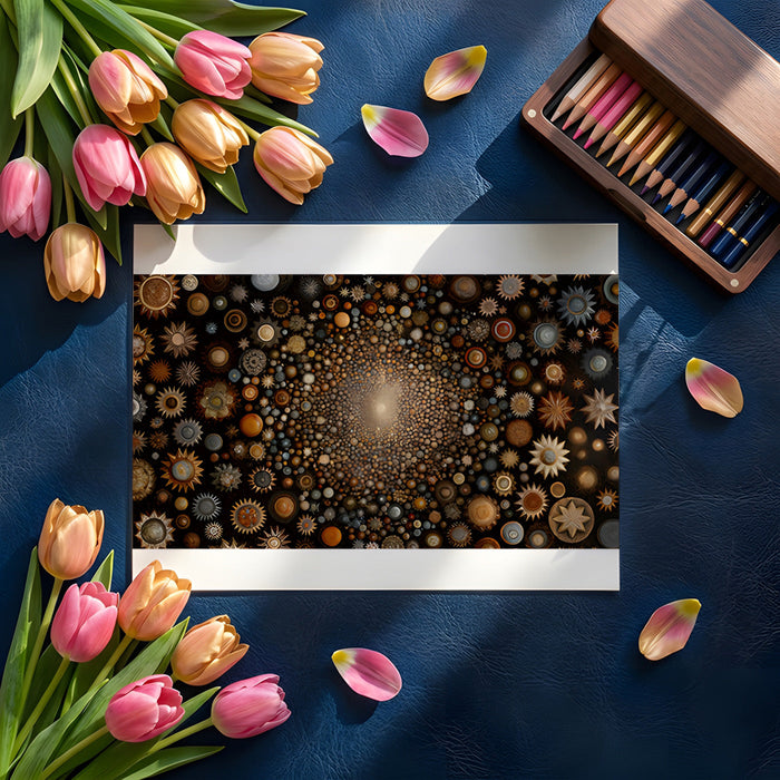 A dark academia style library featuring a sprawling cosmic star wallpaper.