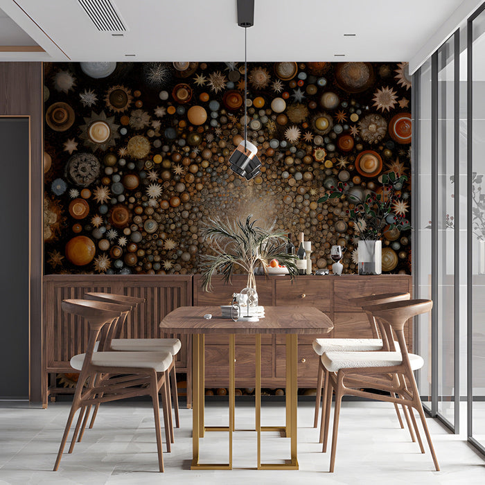 A moody dining room with a star-filled galaxy mural behind a headboard.