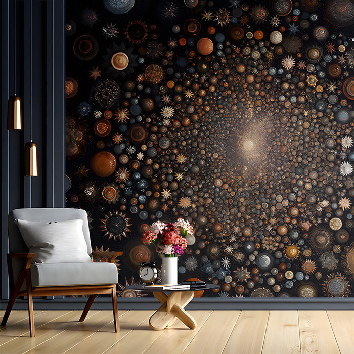 A cozy study with a celestial constellation wall mural.