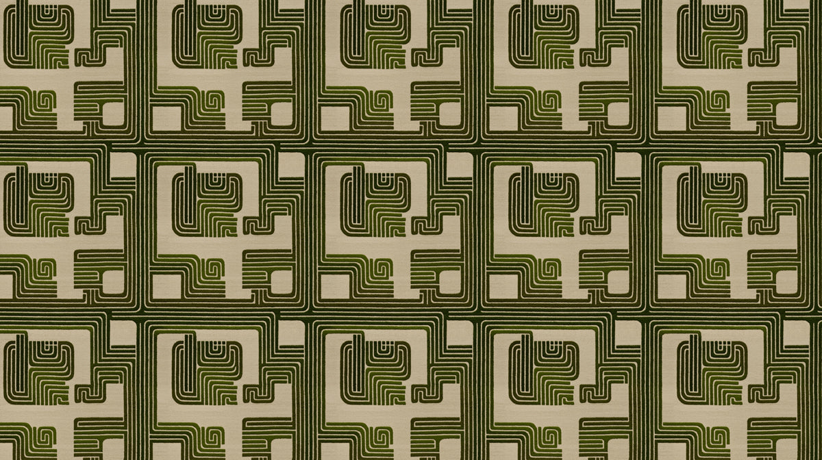 Abstract geometric labyrinth pattern in deep forest green lines on an oatmeal beige background.