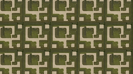 Abstract geometric labyrinth pattern in deep forest green lines on an oatmeal beige background.
