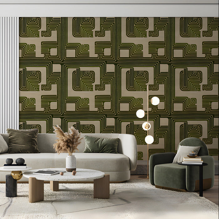 Dark green patterned wallpaper featured in a sophisticated, minimalist living room.