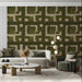 Dark green patterned wallpaper featured in a sophisticated, minimalist living room.