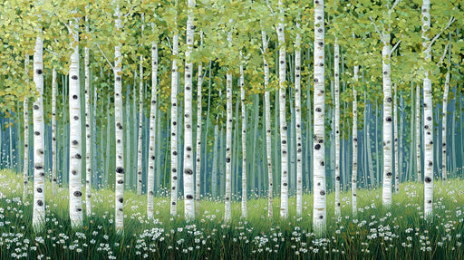 A painterly birch forest scene featuring white tree trunks, lush moss green leaves, and a field of white flowers.